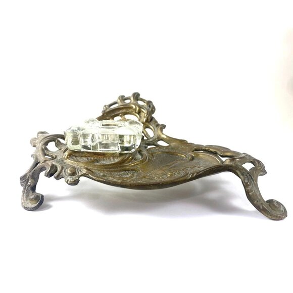 Antique Victorian Brass & Glass Inkwell Holder Desk Accessory With Ornate Design - Picture 2 of 9